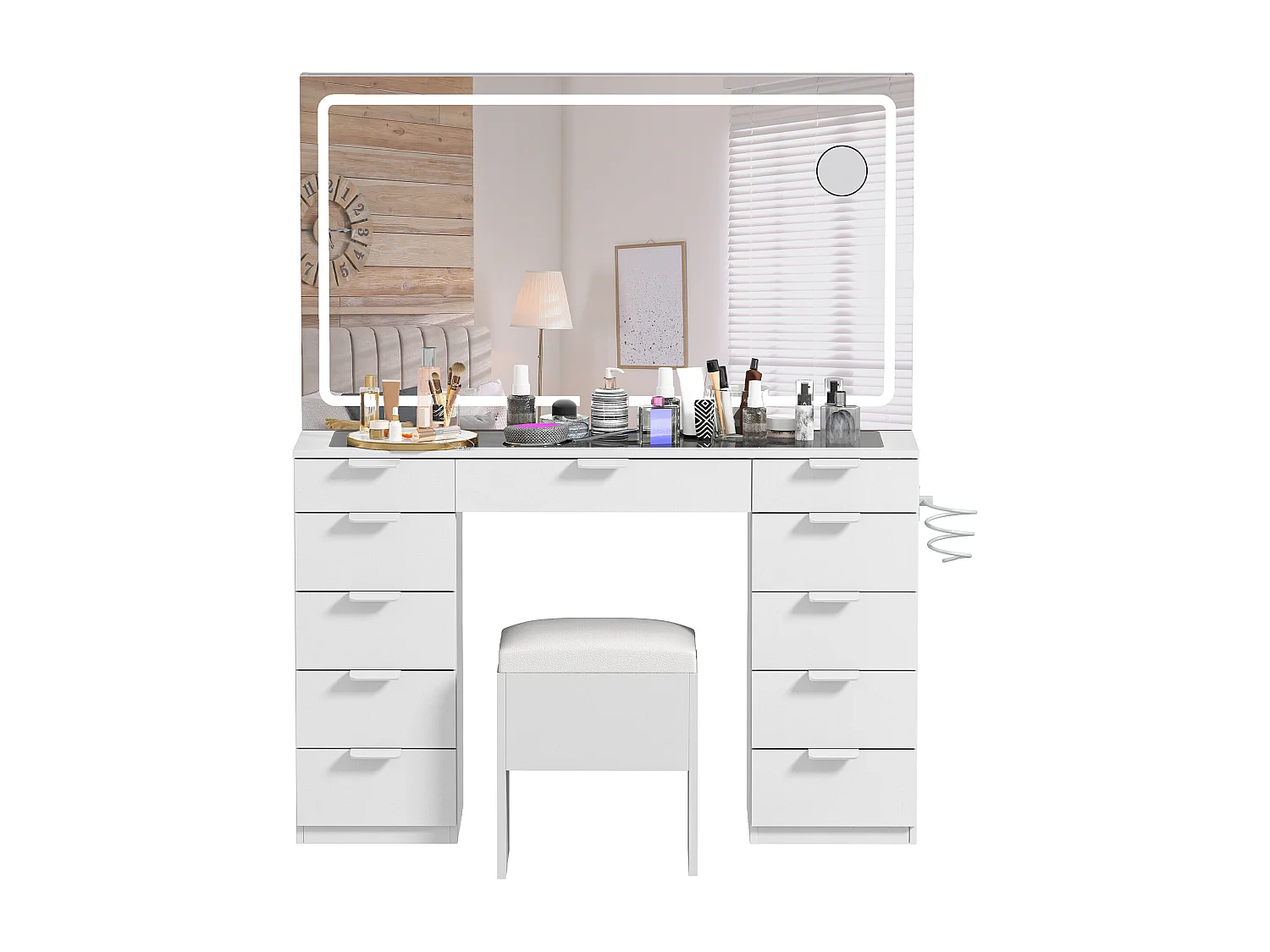 YITAHOME Coiffeuse avec Éclairage LED - Coiffeuse avec Miroir - Table de Maquillage avec Prise Électrique - 11 tiroirs - Blanc