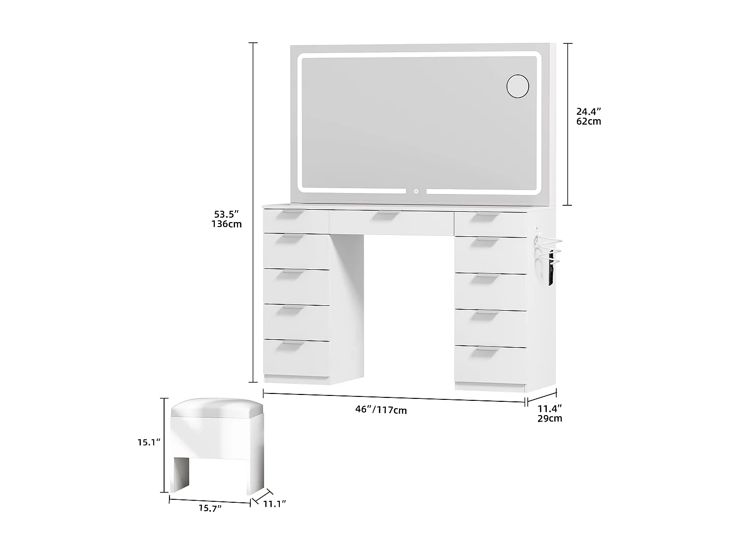 YITAHOME Coiffeuse avec Éclairage LED - Coiffeuse avec Miroir - Table de Maquillage avec Prise Électrique - 11 tiroirs - Blanc