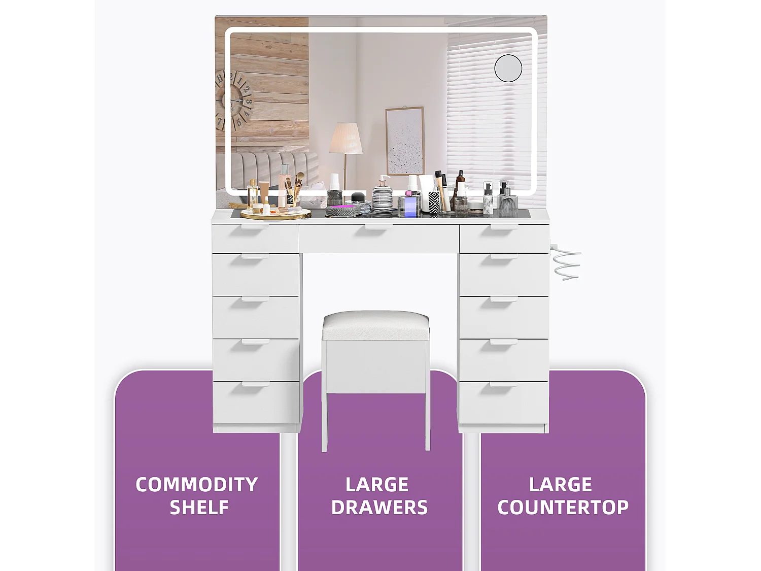 YITAHOME Coiffeuse avec Éclairage LED - Coiffeuse avec Miroir - Table de Maquillage avec Prise Électrique - 11 tiroirs - Blanc