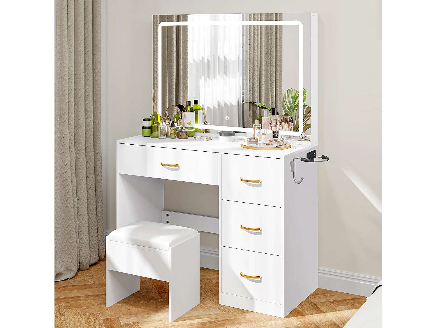 YITAHOME Coiffeuse avec Éclairage LED et Prises Électriques - Coiffeuse avec Miroir - Coiffeuse à 4 Tiroirs avec Tabouret - Noir