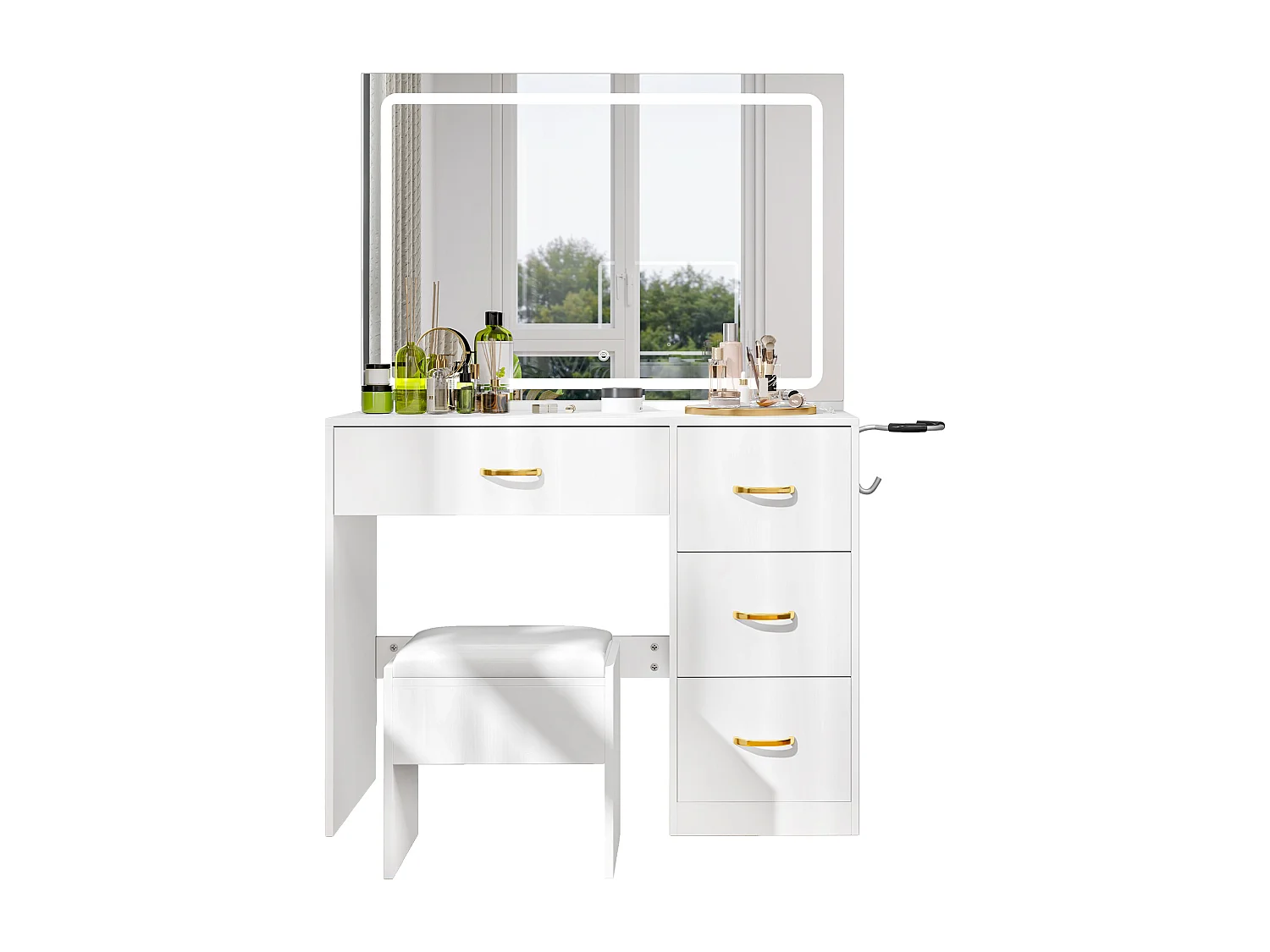 YITAHOME Coiffeuse avec Éclairage LED et Prises Électriques - Coiffeuse avec Miroir - Coiffeuse à 4 Tiroirs avec Tabouret - Noir