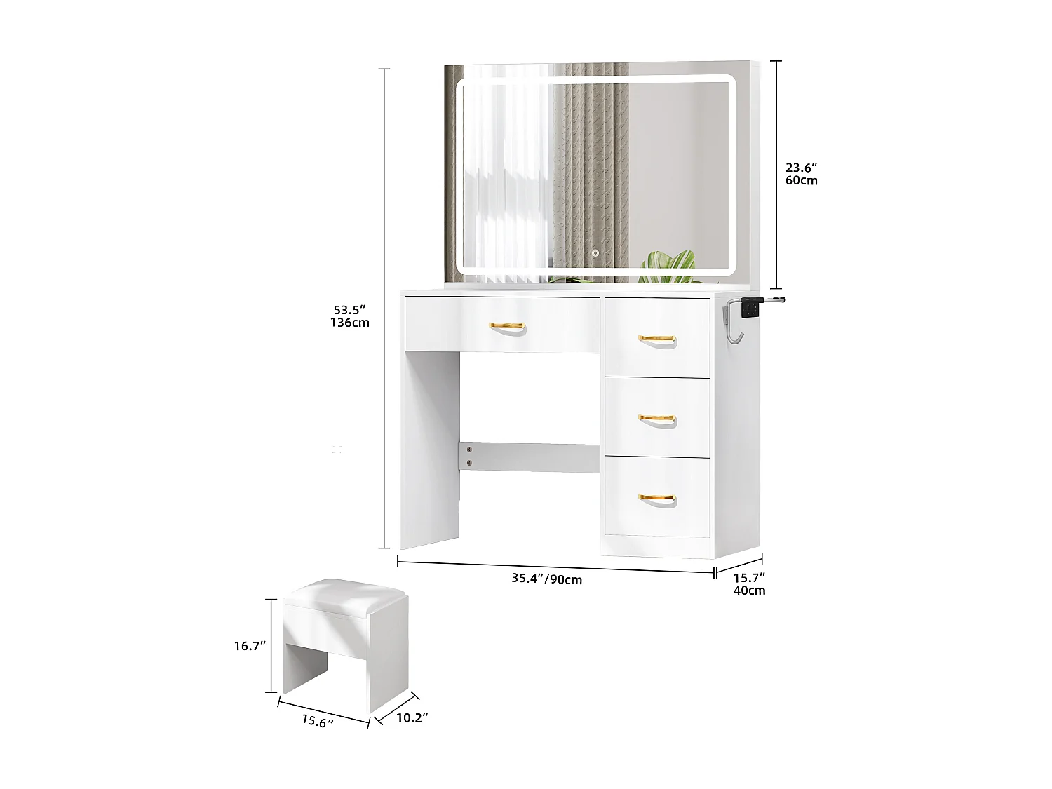 YITAHOME Coiffeuse avec Éclairage LED et Prises Électriques - Coiffeuse avec Miroir - Coiffeuse à 4 Tiroirs avec Tabouret - Noir