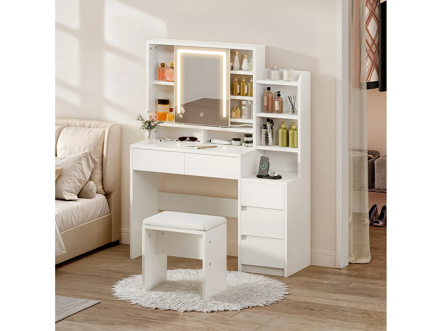 YITAHOME Commode avec Miroir et Tabouret - Commode avec Lumière LED Miroir - Coiffeuse avec 5 Tiroirs et Étagère Ouverte - Blanche