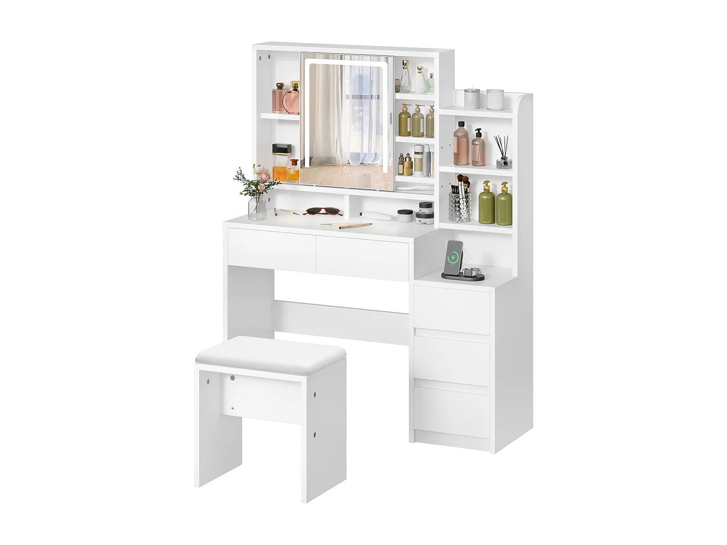 YITAHOME Commode avec Miroir et Tabouret - Commode avec Lumière LED Miroir - Coiffeuse avec 5 Tiroirs et Étagère Ouverte - Blanche