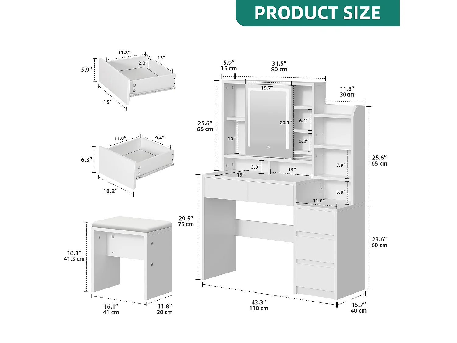 YITAHOME Commode avec Miroir et Tabouret - Commode avec Lumière LED Miroir - Coiffeuse avec 5 Tiroirs et Étagère Ouverte - Blanche