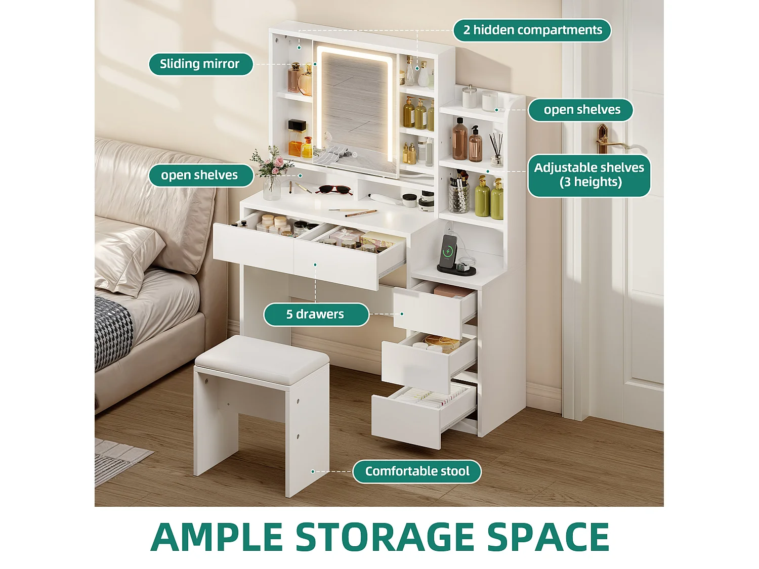 YITAHOME Commode avec Miroir et Tabouret - Commode avec Lumière LED Miroir - Coiffeuse avec 5 Tiroirs et Étagère Ouverte - Blanche