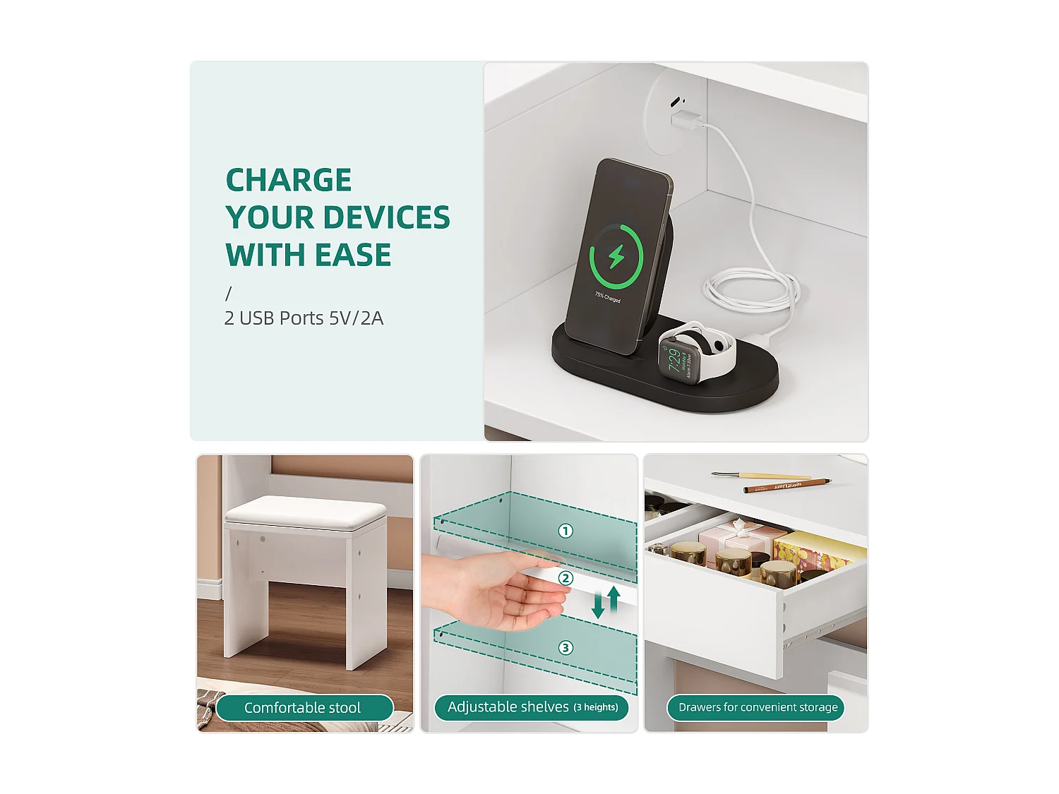 YITAHOME Commode avec Miroir et Tabouret - Commode avec Lumière LED Miroir - Coiffeuse avec 5 Tiroirs et Étagère Ouverte - Blanche