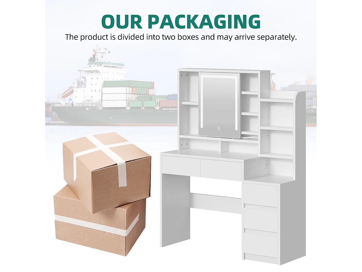 YITAHOME Commode avec Miroir et Tabouret - Commode avec Lumière LED Miroir - Coiffeuse avec 5 Tiroirs et Étagère Ouverte - Blanche