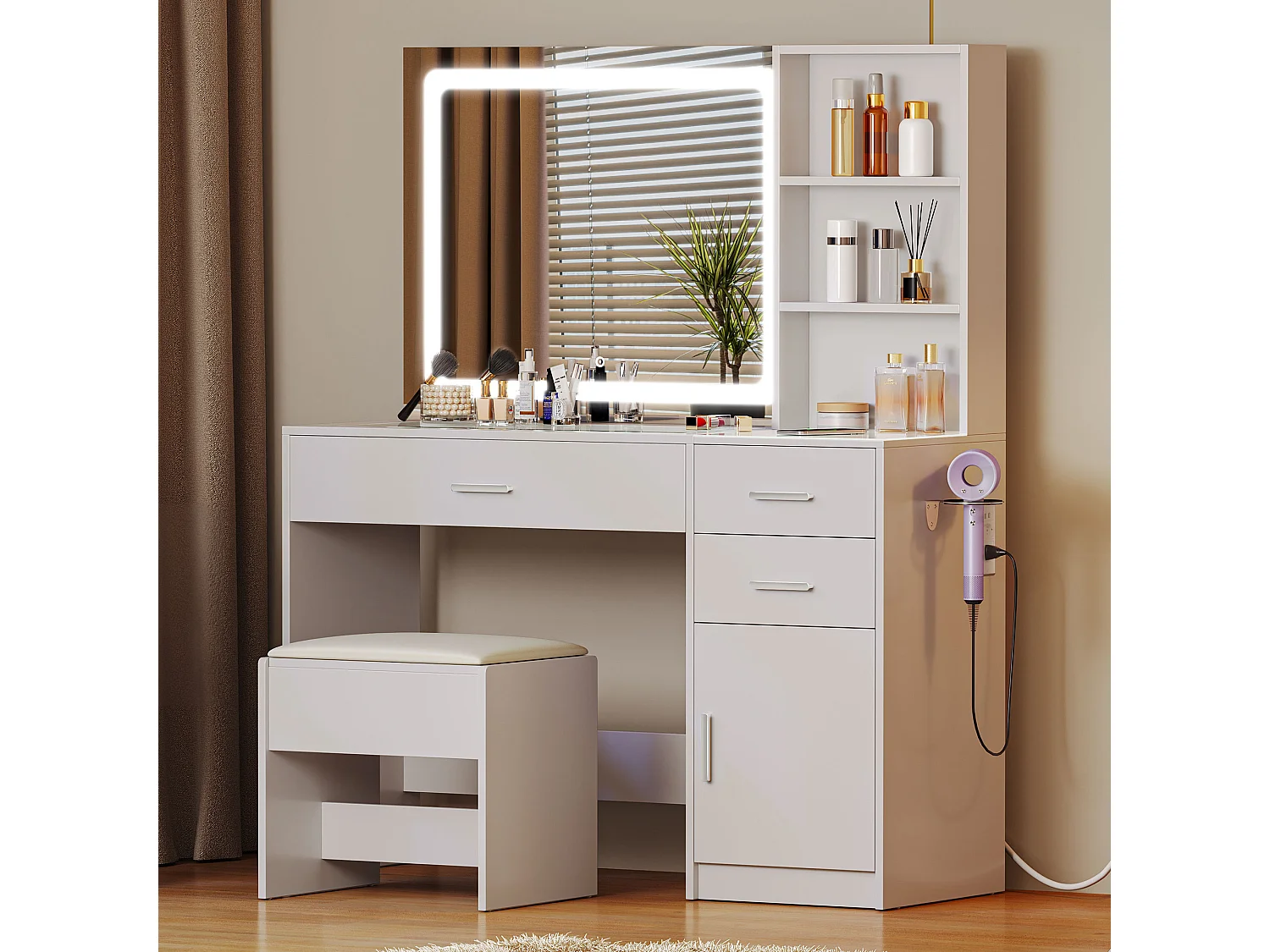 YITAHOME Coiffeuse avec Miroir LED à Luminosité Réglable - Table de Maquillage avec 3 Tiroirs et 2 Étagères de Rangement - Blanche