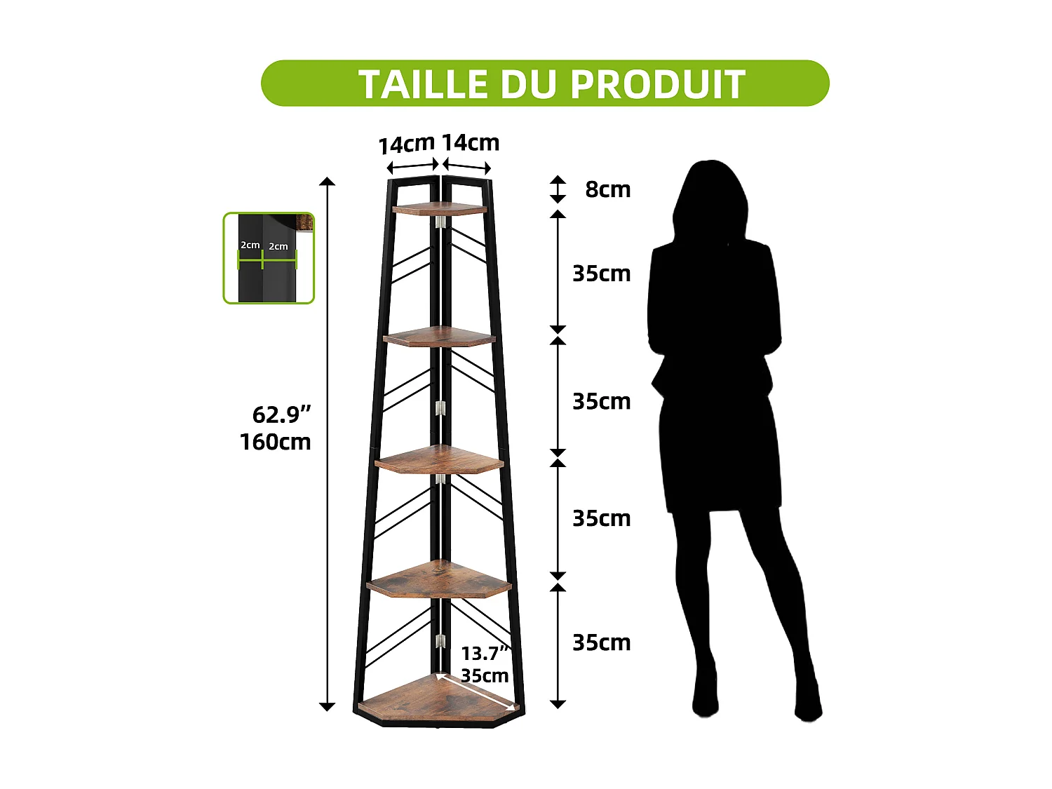 YITAHOME Bibliothèque à 5 Niveaux Étagère d'Angle, Étagère Industrielle Moderne en Bois pour des Livres, Marron Rustique