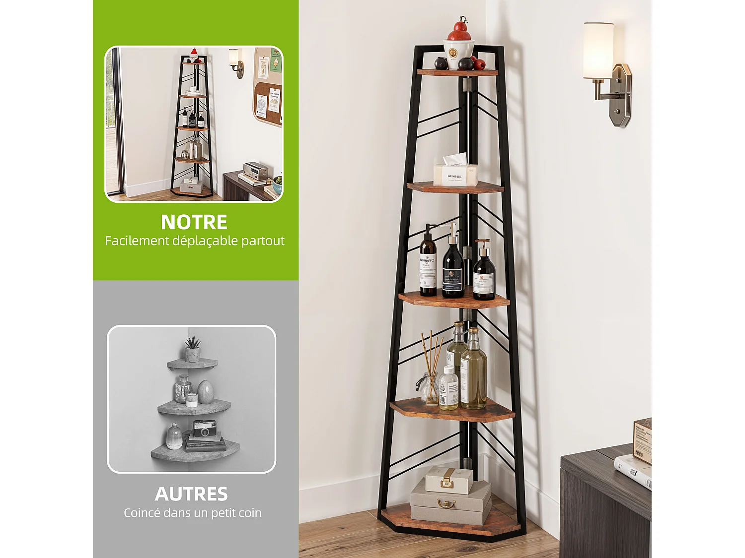 YITAHOME Bibliothèque à 5 Niveaux Étagère d'Angle, Étagère Industrielle Moderne en Bois pour des Livres, Marron Rustique