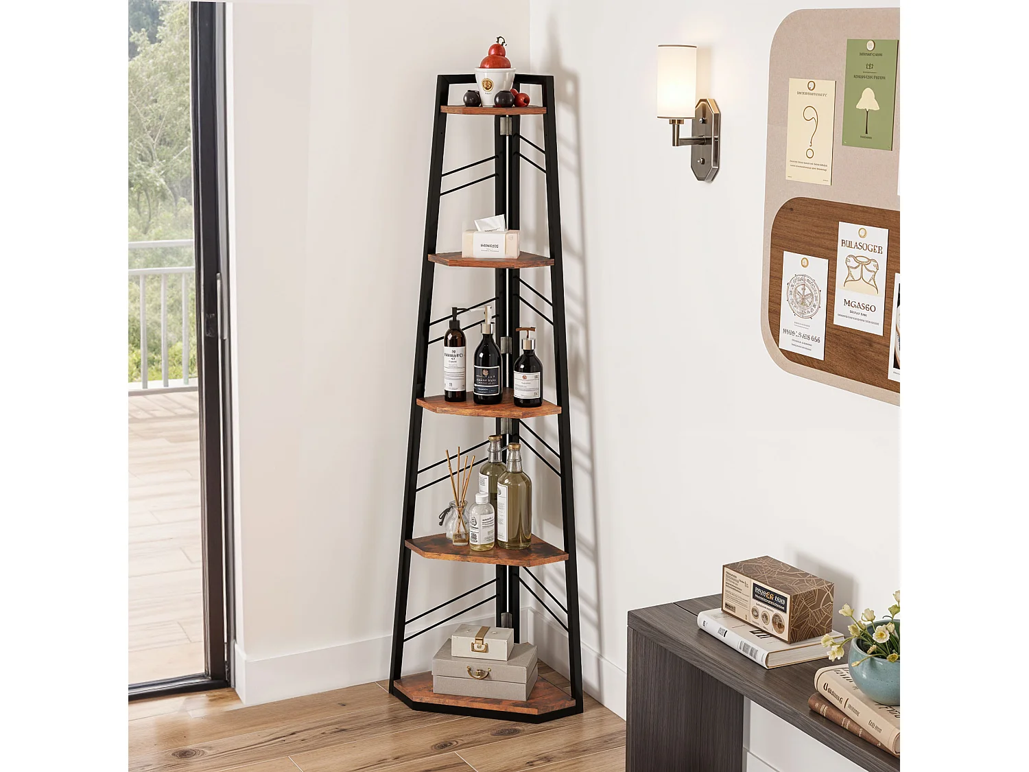 YITAHOME Bibliothèque à 5 Niveaux Étagère d'Angle, Étagère Industrielle Moderne en Bois pour des Livres, Marron Rustique