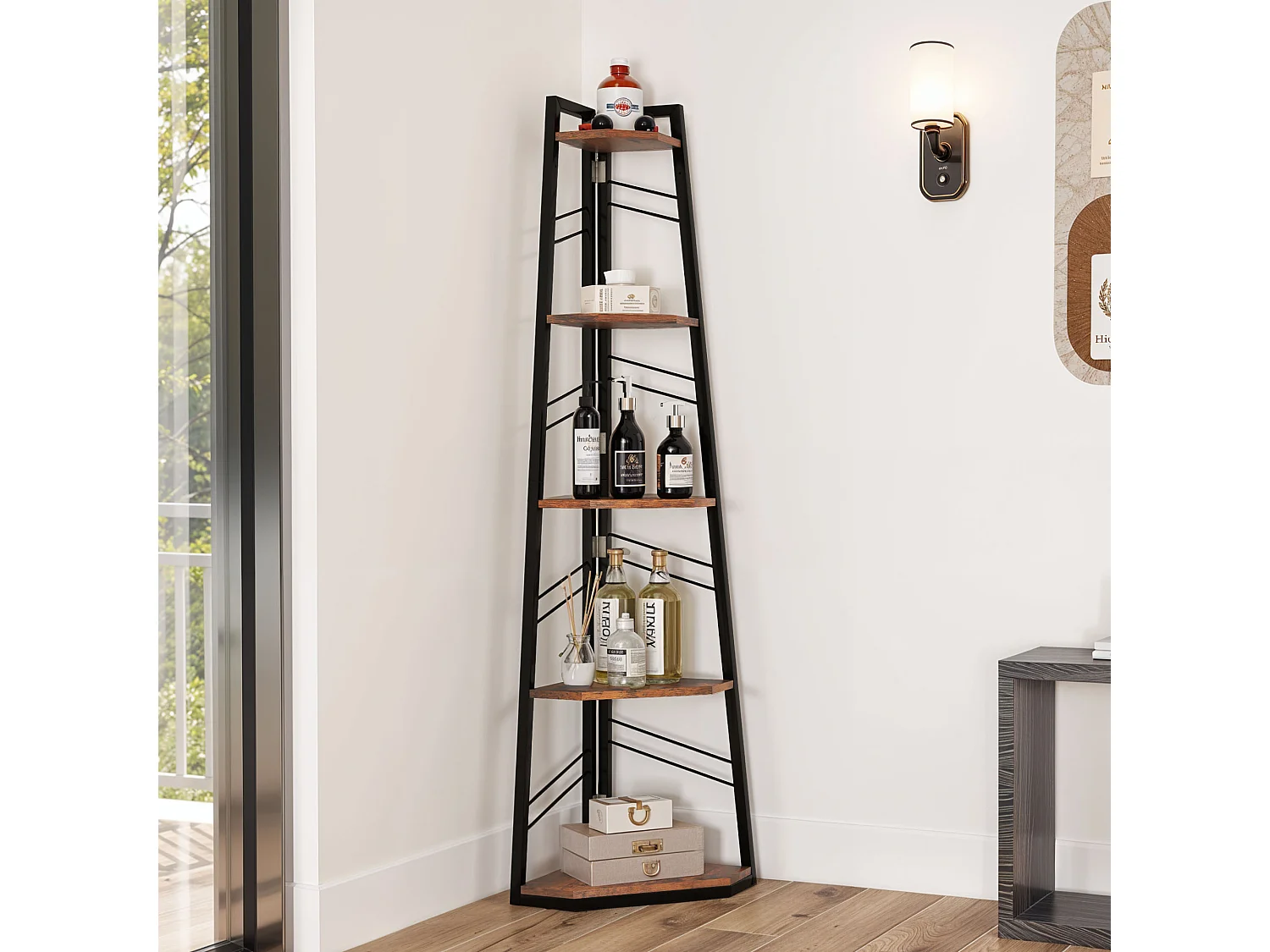 YITAHOME Bibliothèque à 5 Niveaux Étagère d'Angle, Étagère Industrielle Moderne en Bois pour des Livres, Marron Rustique