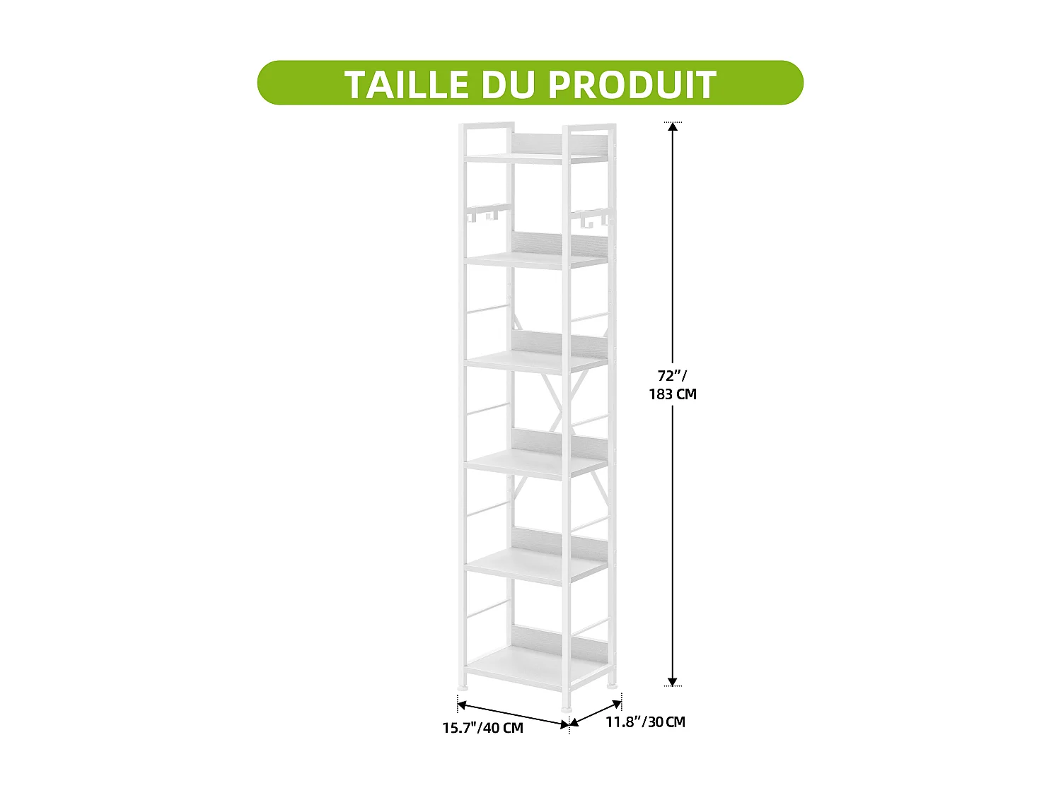 YITAHOME Étagère à 6 Niveaux avec 4 Crochets, Étagères en Bois et en Cadre Métallique, pour Salon, Bureau, Blanc