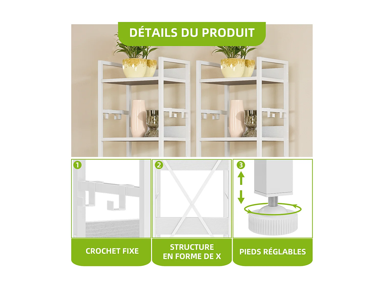 YITAHOME Étagère à 6 Niveaux avec 4 Crochets, Étagères en Bois et en Cadre Métallique, pour Salon, Bureau, Blanc