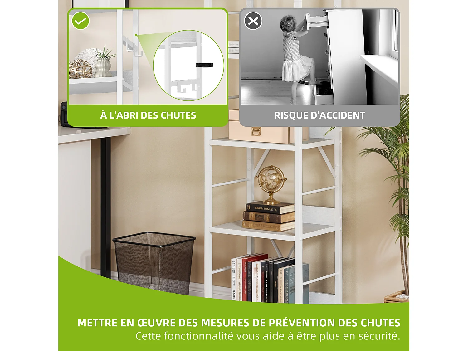 YITAHOME Étagère à 6 Niveaux avec 4 Crochets, Étagères en Bois et en Cadre Métallique, pour Salon, Bureau, Blanc