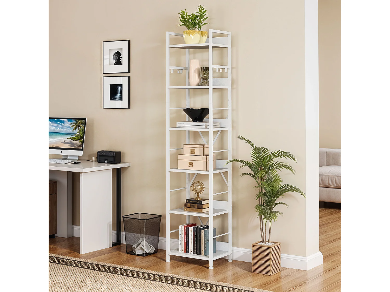 YITAHOME Étagère à 6 Niveaux avec 4 Crochets, Étagères en Bois et en Cadre Métallique, pour Salon, Bureau, Blanc