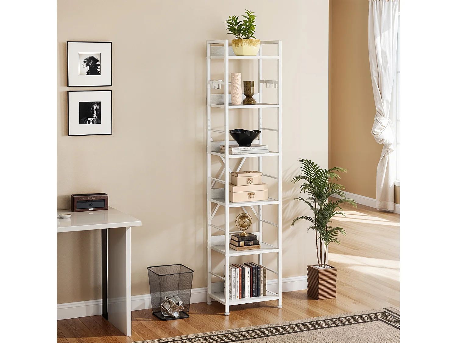 YITAHOME Étagère à 6 Niveaux avec 4 Crochets, Étagères en Bois et en Cadre Métallique, pour Salon, Bureau, Blanc