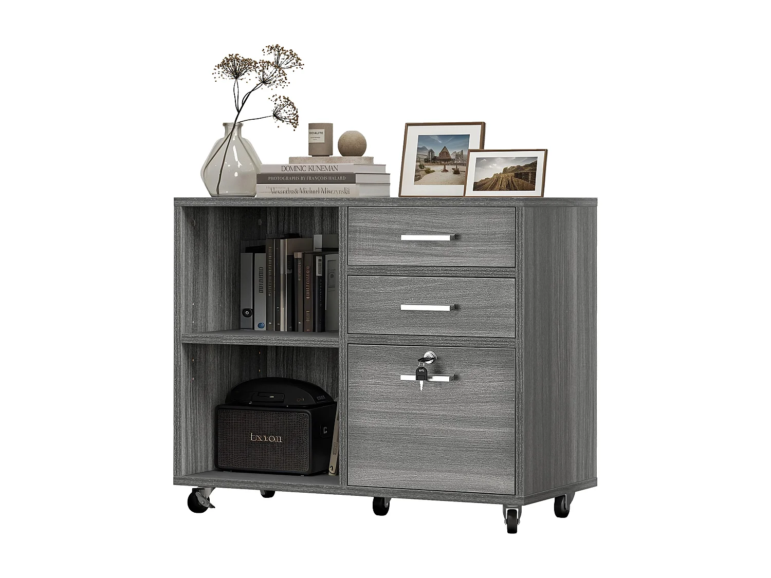 YITAHOME Armoire de Classement Mobile en Bois à 3 tiroirs, Armoire de Rangement avec Verrouillable, Gris