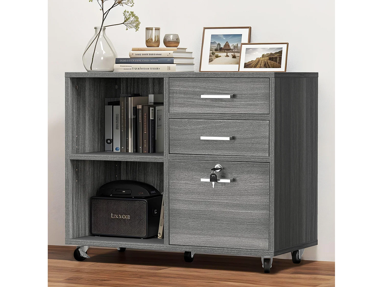 YITAHOME Armoire de Classement Mobile en Bois à 3 tiroirs, Armoire de Rangement avec Verrouillable, Gris