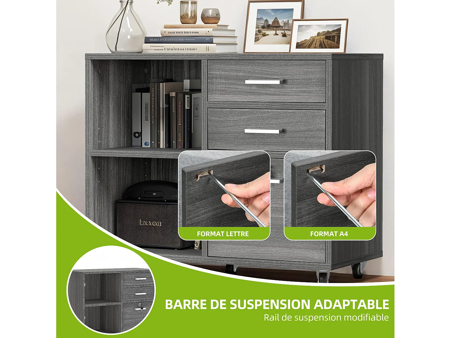 YITAHOME Armoire de Classement Mobile en Bois à 3 tiroirs, Armoire de Rangement avec Verrouillable, Gris