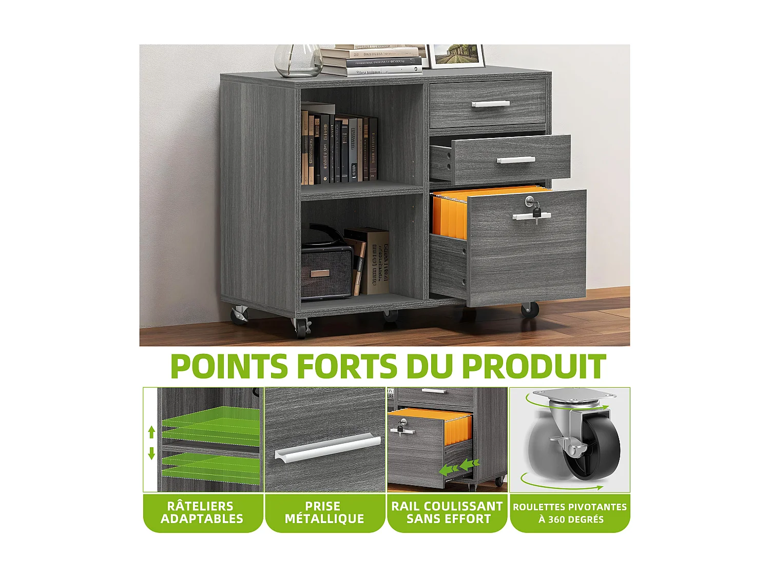 YITAHOME Armoire de Classement Mobile en Bois à 3 tiroirs, Armoire de Rangement avec Verrouillable, Gris