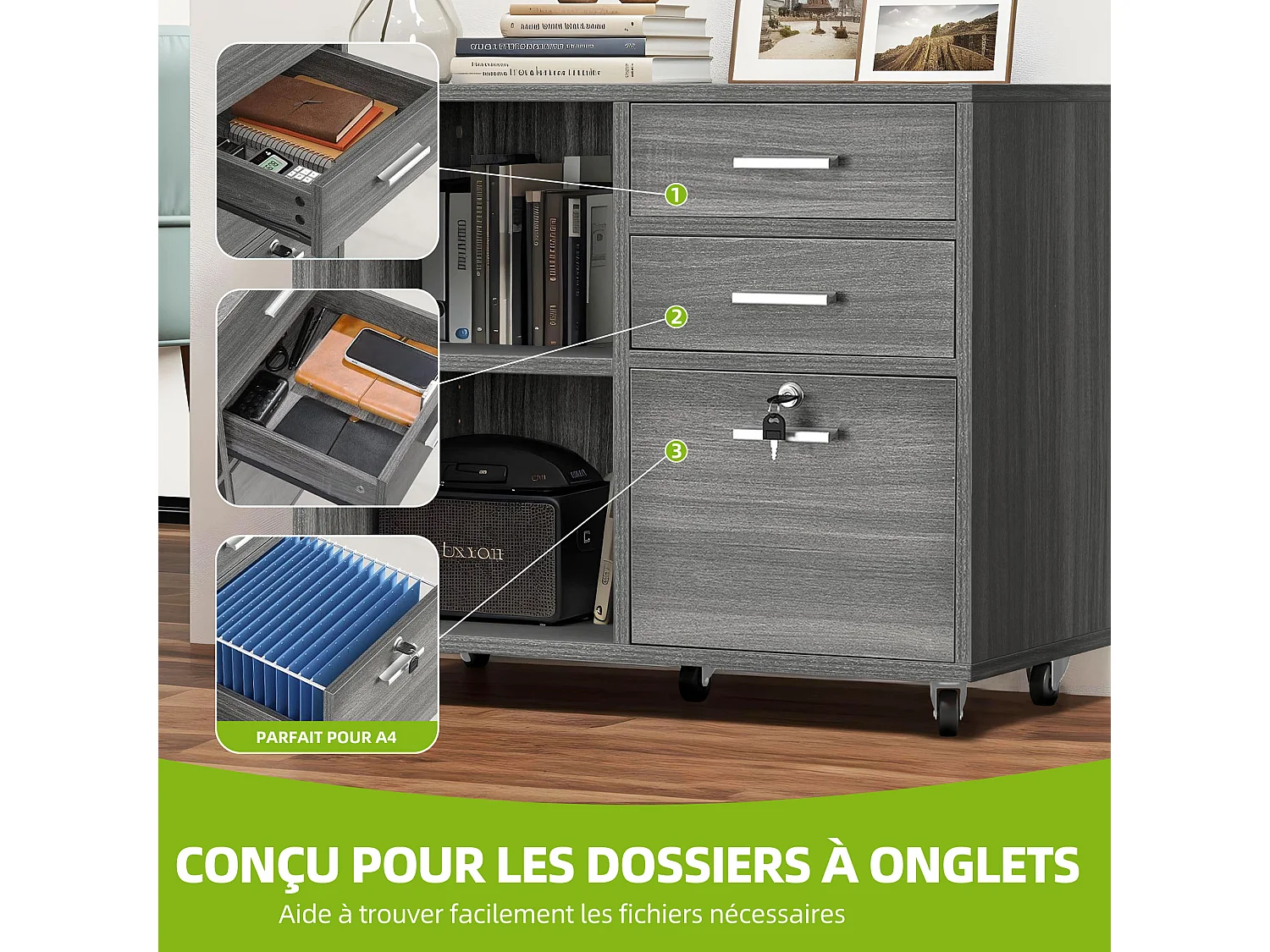 YITAHOME Armoire de Classement Mobile en Bois à 3 tiroirs, Armoire de Rangement avec Verrouillable, Gris