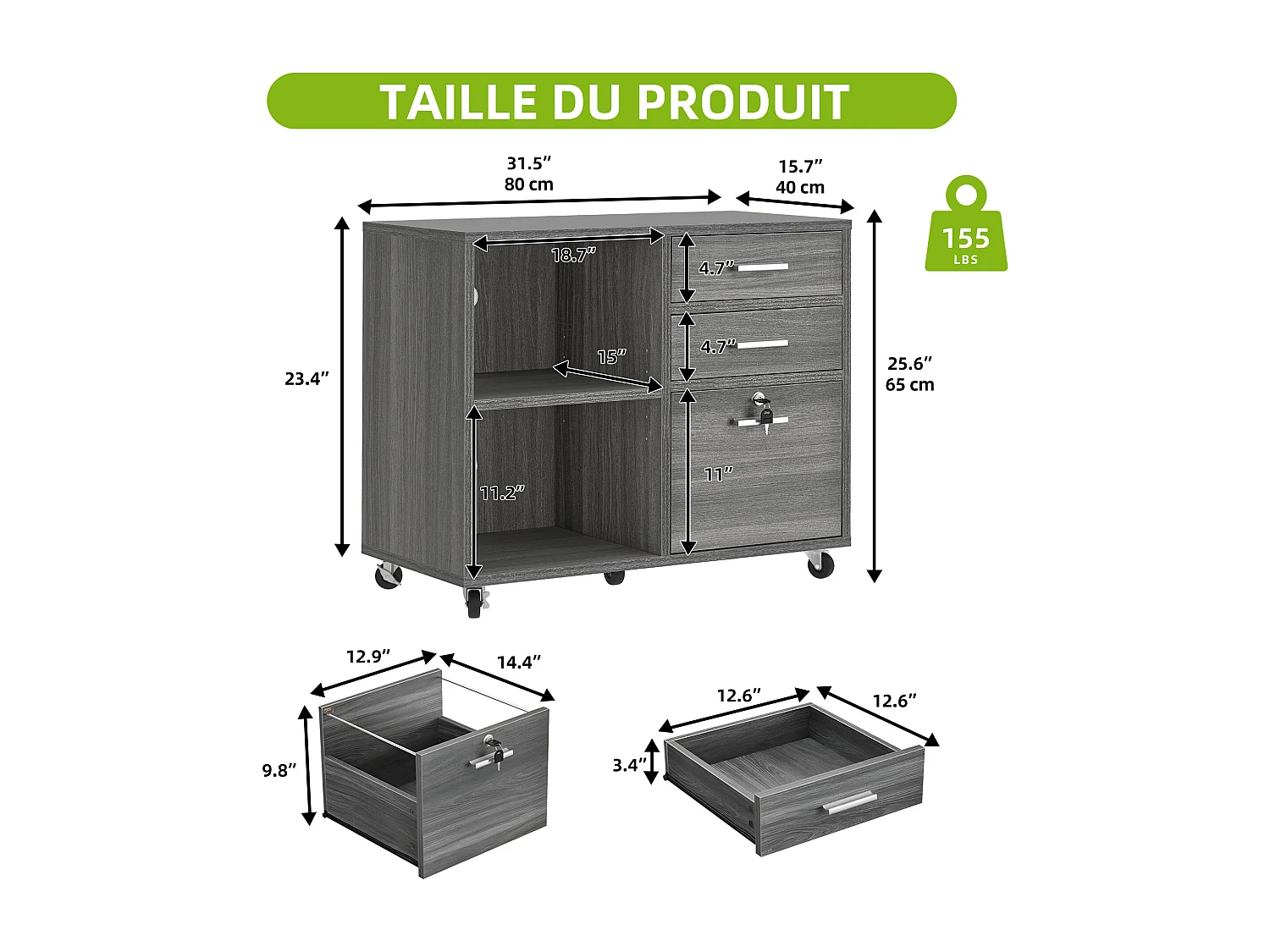 YITAHOME Armoire de Classement Mobile en Bois à 3 tiroirs, Armoire de Rangement avec Verrouillable, Gris