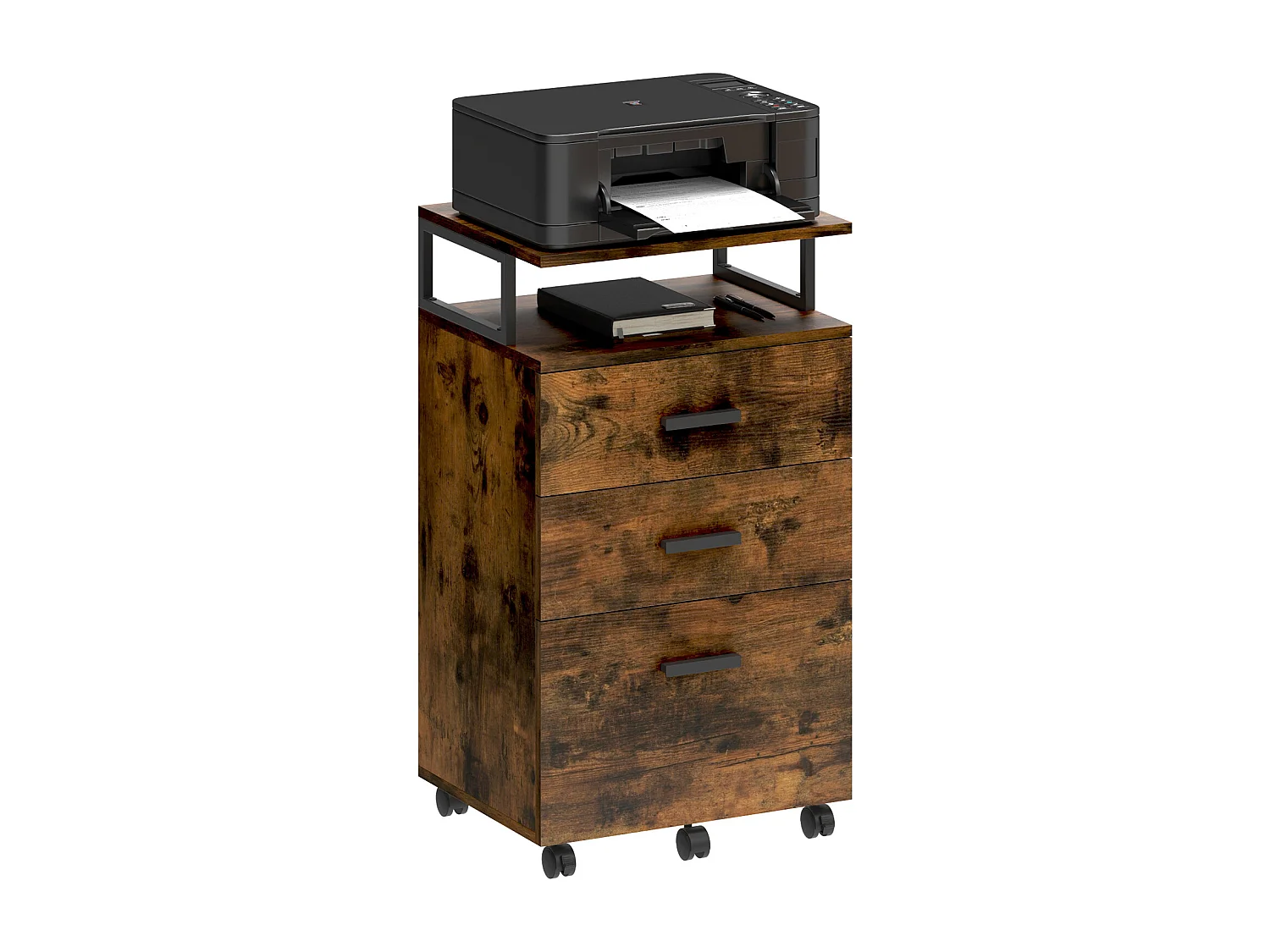 YITAHOME Meuble Rangement Bureau, Caisson 3 Tiroirs Étagère Ouverte, Support d'imprimante sur 5 roulettes Mobile, Marron Rustique