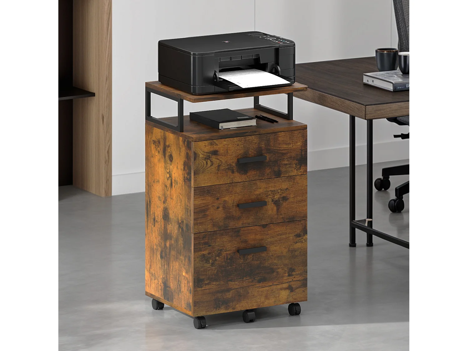 YITAHOME Meuble Rangement Bureau, Caisson 3 Tiroirs Étagère Ouverte, Support d'imprimante sur 5 roulettes Mobile, Marron Rustique