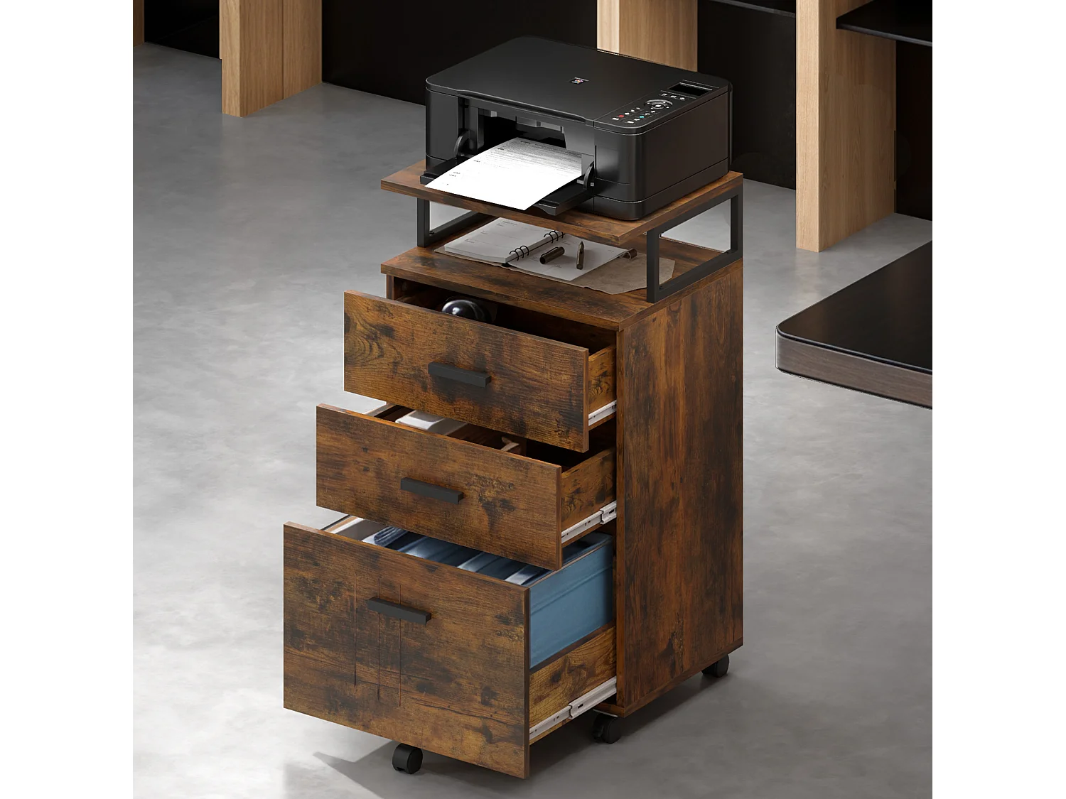 YITAHOME Meuble Rangement Bureau, Caisson 3 Tiroirs Étagère Ouverte, Support d'imprimante sur 5 roulettes Mobile, Marron Rustique