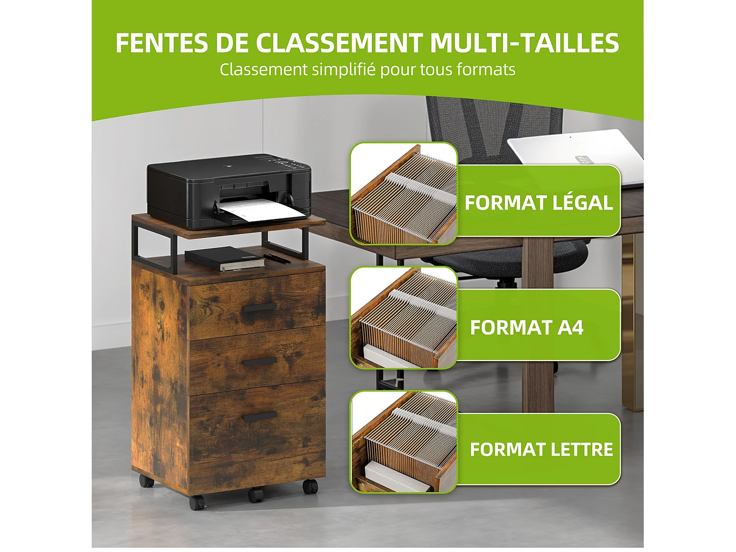 YITAHOME Meuble Rangement Bureau, Caisson 3 Tiroirs Étagère Ouverte, Support d'imprimante sur 5 roulettes Mobile, Marron Rustique
