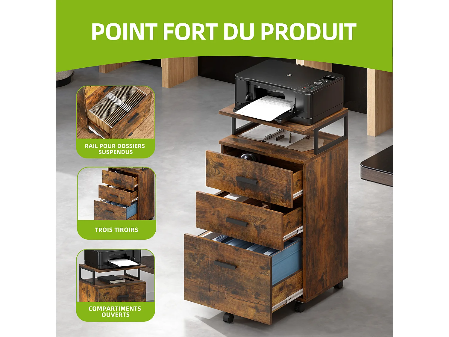 YITAHOME Meuble Rangement Bureau, Caisson 3 Tiroirs Étagère Ouverte, Support d'imprimante sur 5 roulettes Mobile, Marron Rustique