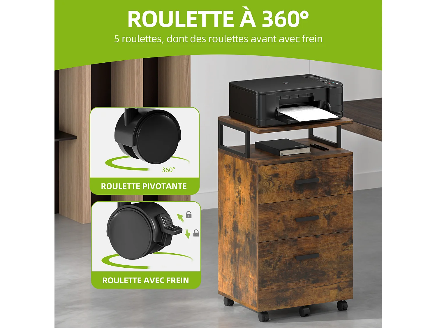 YITAHOME Meuble Rangement Bureau, Caisson 3 Tiroirs Étagère Ouverte, Support d'imprimante sur 5 roulettes Mobile, Marron Rustique