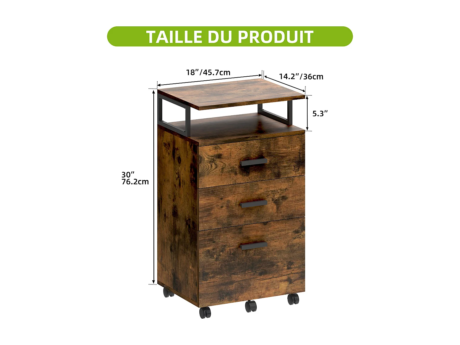 YITAHOME Meuble Rangement Bureau, Caisson 3 Tiroirs Étagère Ouverte, Support d'imprimante sur 5 roulettes Mobile, Marron Rustique