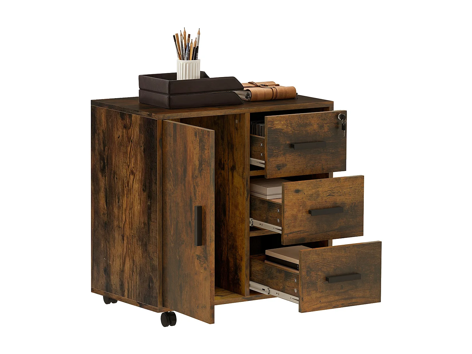 YITAHOME Meuble Rangement Bureau, Caisson 3 Tiroirs Une Porte, Support d'imprimante sur 4 Roulettes Mobile, Marron Rustique