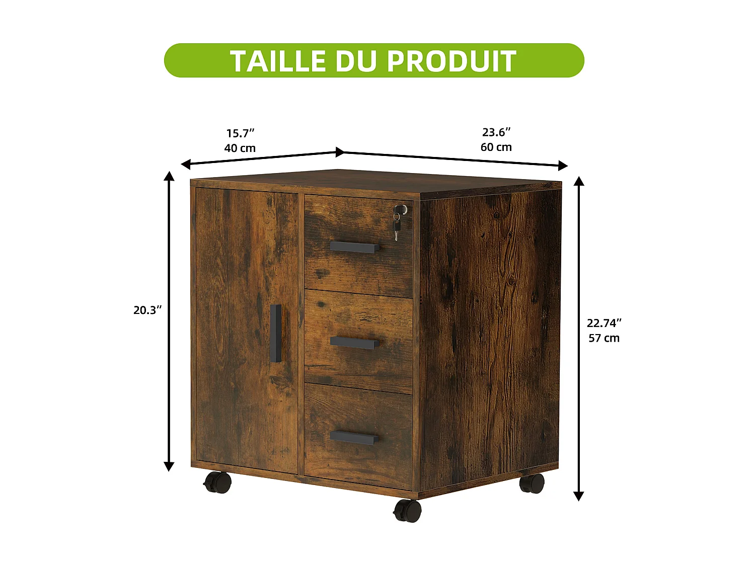 YITAHOME Meuble Rangement Bureau, Caisson 3 Tiroirs Une Porte, Support d'imprimante sur 4 Roulettes Mobile, Marron Rustique