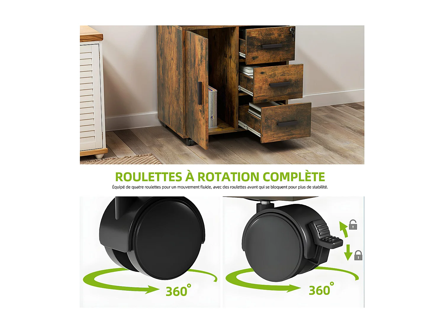 YITAHOME Meuble Rangement Bureau, Caisson 3 Tiroirs Une Porte, Support d'imprimante sur 4 Roulettes Mobile, Marron Rustique