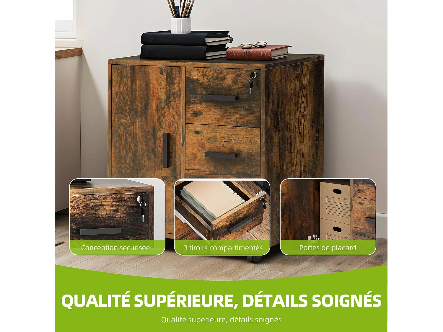 YITAHOME Meuble Rangement Bureau, Caisson 3 Tiroirs Une Porte, Support d'imprimante sur 4 Roulettes Mobile, Marron Rustique