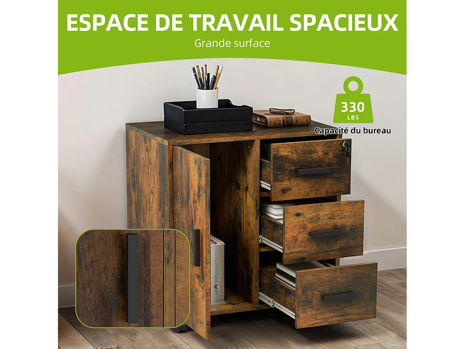 YITAHOME Meuble Rangement Bureau, Caisson 3 Tiroirs Une Porte, Support d'imprimante sur 4 Roulettes Mobile, Marron Rustique