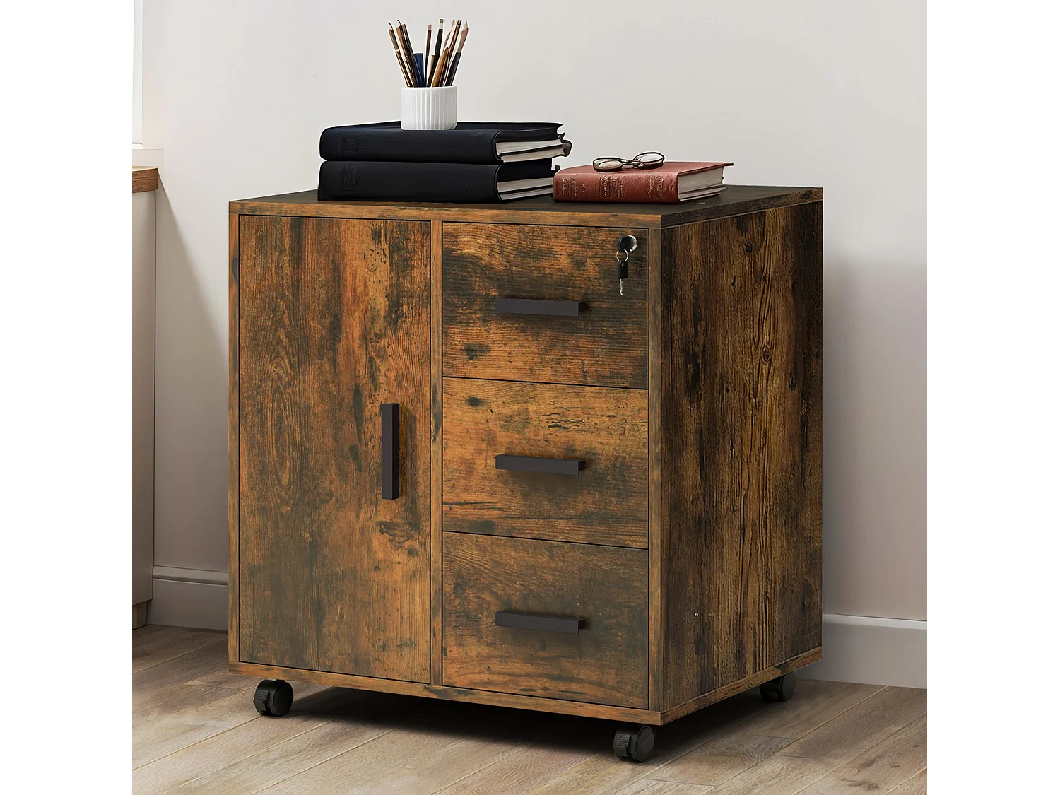 YITAHOME Meuble Rangement Bureau, Caisson 3 Tiroirs Une Porte, Support d'imprimante sur 4 Roulettes Mobile, Marron Rustique