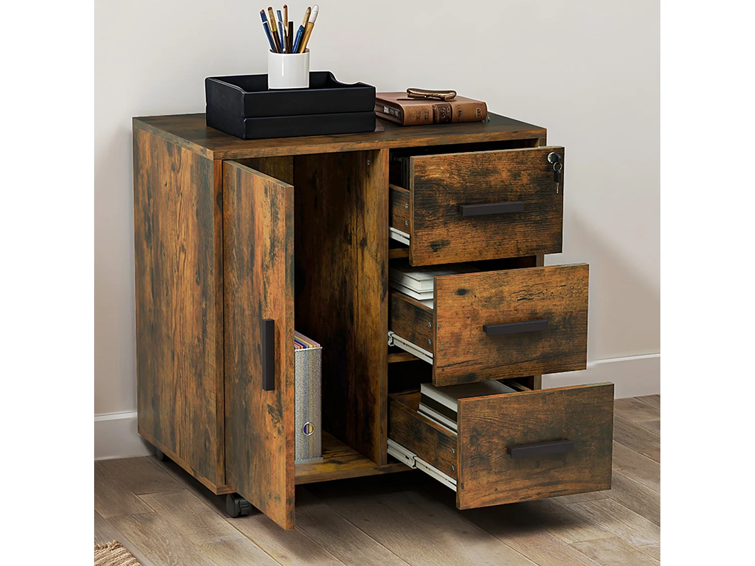 YITAHOME Meuble Rangement Bureau, Caisson 3 Tiroirs Une Porte, Support d'imprimante sur 4 Roulettes Mobile, Marron Rustique
