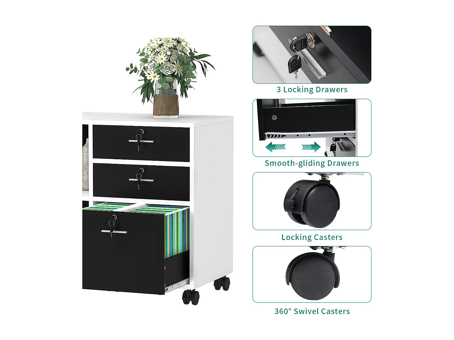 YITAHOME Armoire de Classement à 3 Tiroirs pour Documents de Format A4, Armoire de Rangement Latérale en Bois, pour Le Bureau