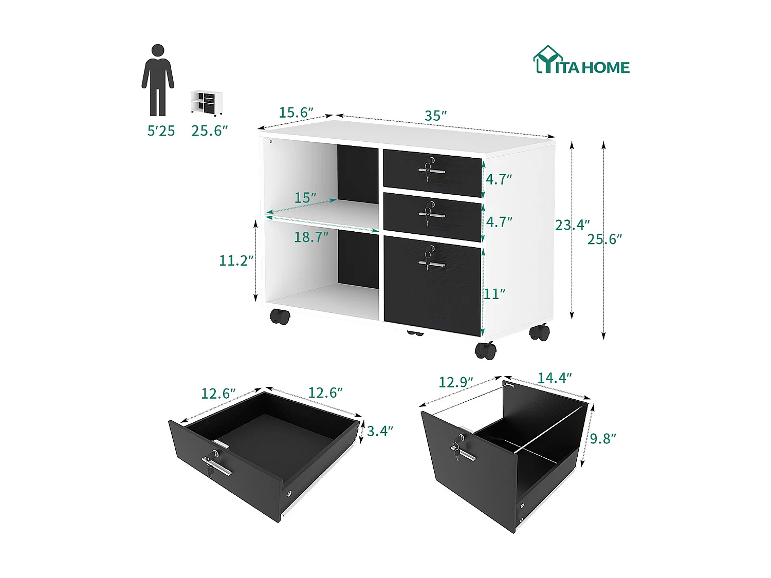 YITAHOME Armoire de Classement à 3 Tiroirs pour Documents de Format A4, Armoire de Rangement Latérale en Bois, pour Le Bureau