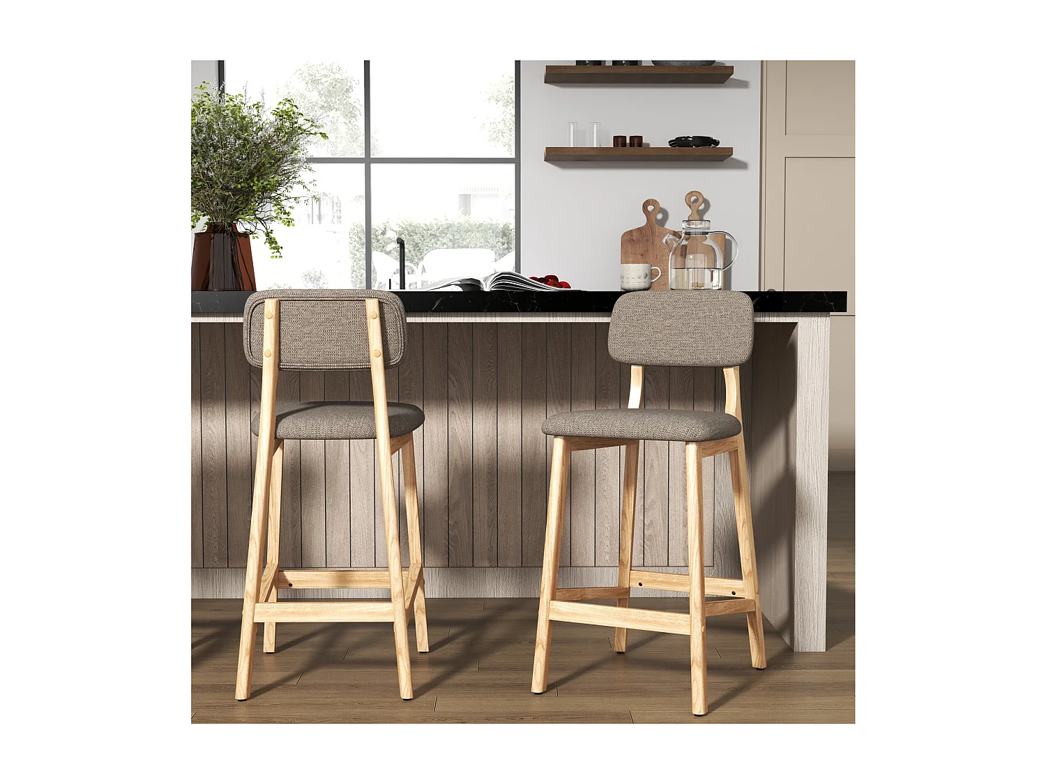 CLIFF-Tabouret de bar en bois naturel et Tissu Trendy Taupe (x2)
