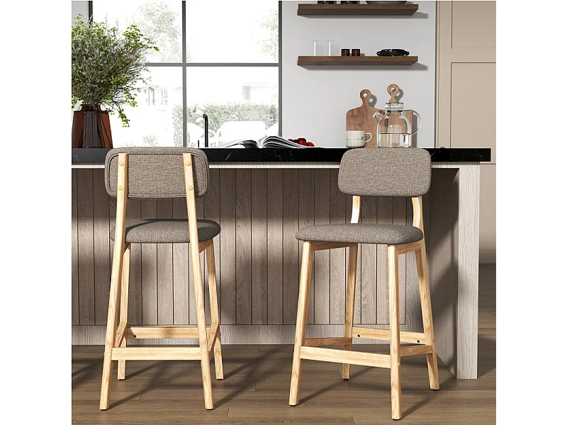 CLIFF-Taburete de bar, tela marrón y madera natural (x2)