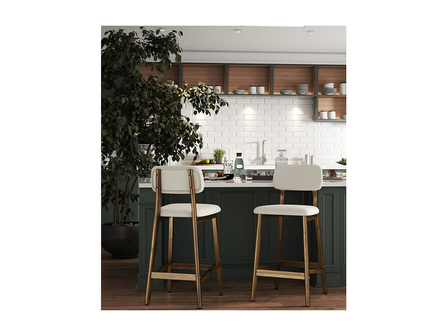 CLIFF-Sgabello da bar, tessuto ecrù e legno noce (x2)