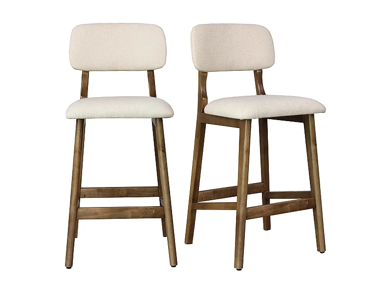 CLIFF-Tabouret de bar en bois patiné noyer et Tissu Trendy Ecru (x2)