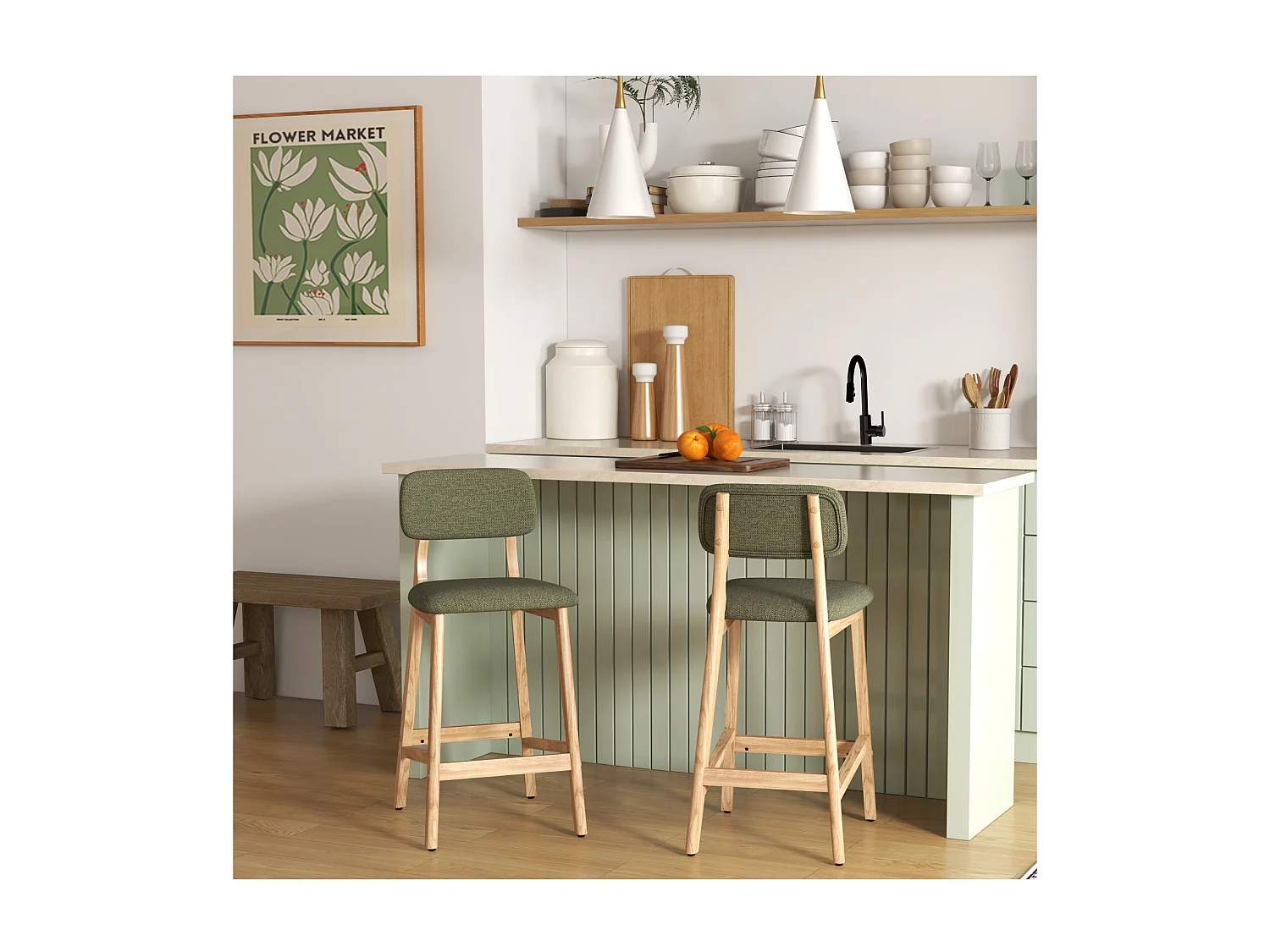CLIFF-Taburete de bar, Tela verde y madera natural (x2)