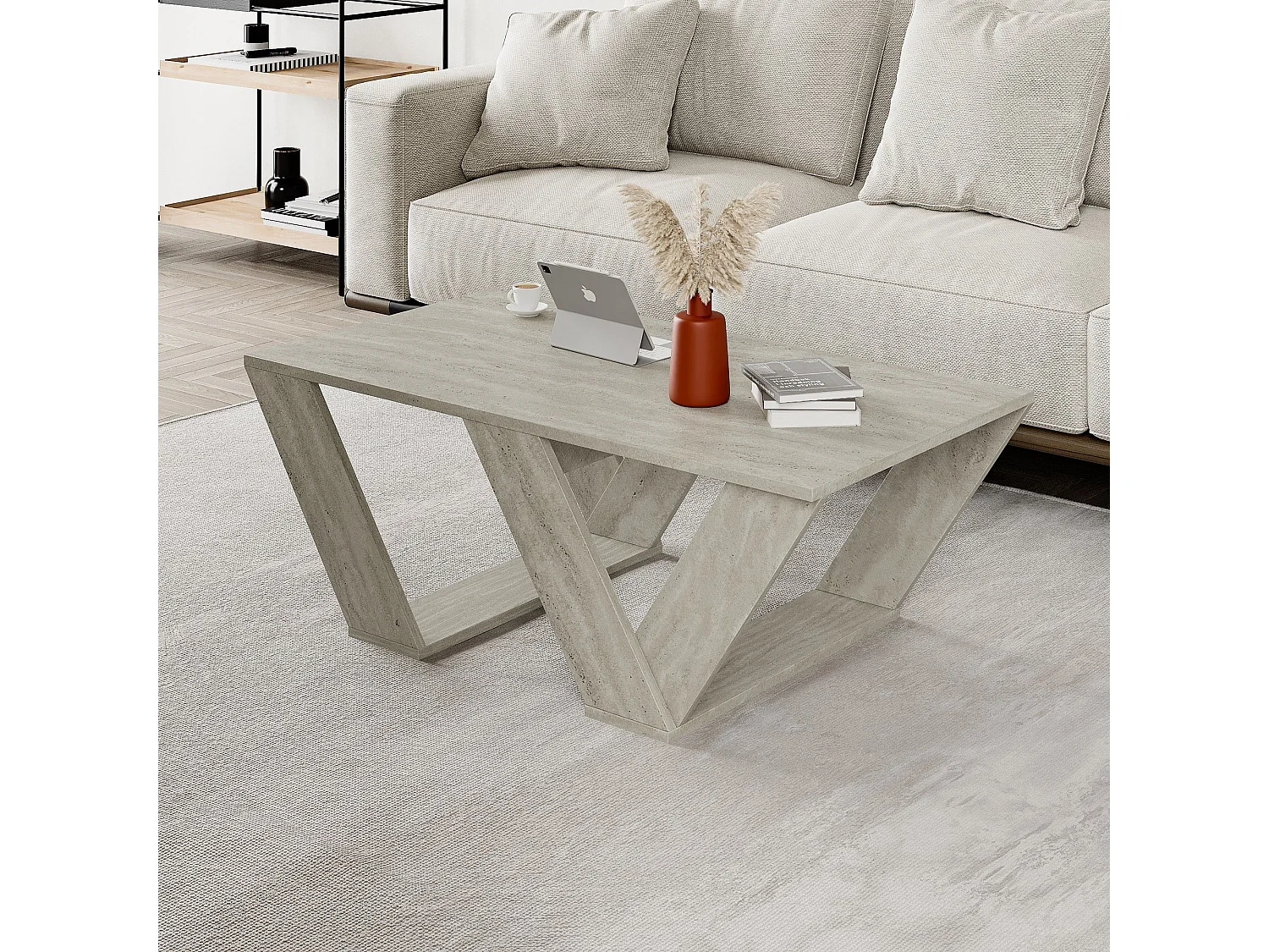 Table basse design Sona L110cm Effet travertin beige